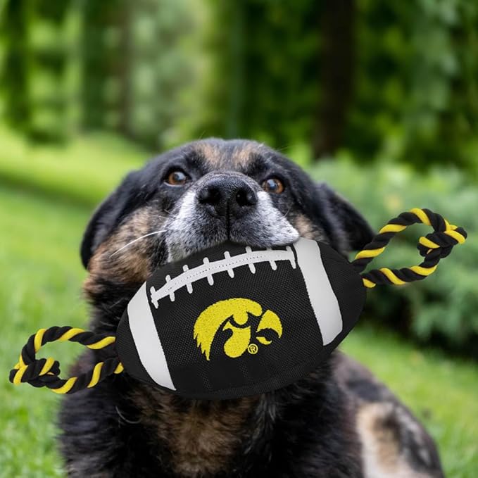 Pets First NCAA Iowa Hawkeyes Football Dog Toy, Tough Quality Nylon Materials, Strong Pull Ropes, Inner Squeaker, Collegiate Team Color