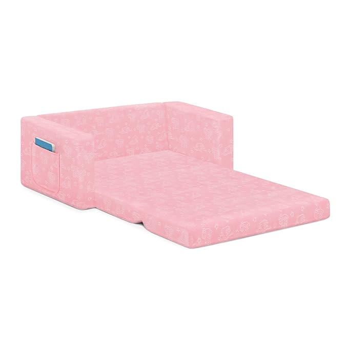 Delta Children Serta Perfect Sleeper Personalized Extra Wide Convertible Sofa to Lounger, Comfy 2-in-1 Flip Open Couch/Sleeper for Kids, Pink