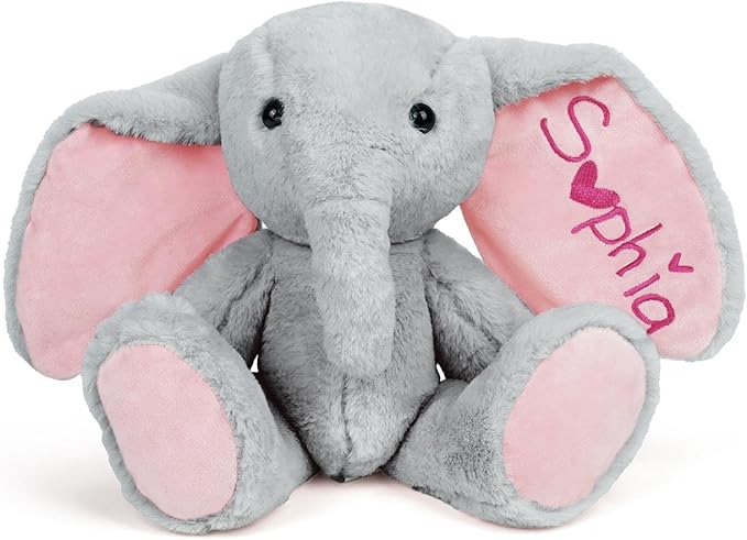 Personalized Gray Elephant Stuffed Animal with Name Embroidery – Soft Plush Toy with Poseable Limbs, Custom Gift for Baby Boys & Girls, Baby Shower & Birthday