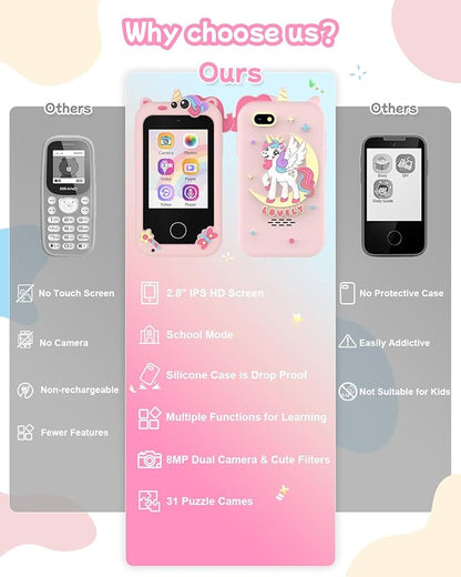 Kids Smart Phone Toy for Girls, Educational Touchscreen Toddler Phone for 3-8 Years Kids, Pretend Play Phone with Dual Camera, Music, 31 Games, ABC Learning & Habit Reminder, Girls Birthday Gift