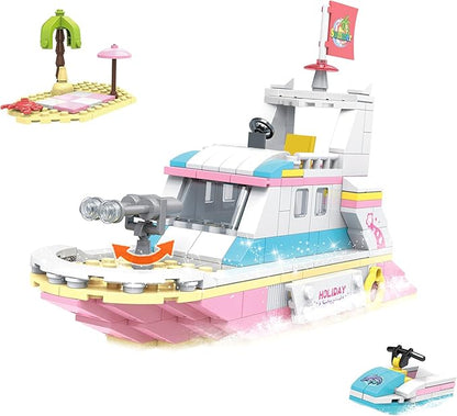 3in1 Girls Boat Cruise Ship Building Sets Friends Beach House Rescue Helicopter Building Kits Summer Holiday Adventures STEM Building Toys Creative Play Set Gift for Kids Aged 6-12, 351 Pieces