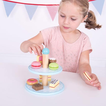 Bigjigs Toys Wooden Cake Stand with 9 Wooden Play Food Cakes - Quality Toy Food for Toddlers & Children, Perfect Kids Wooden Kitchen Accessories for Afternoon Tea Parties