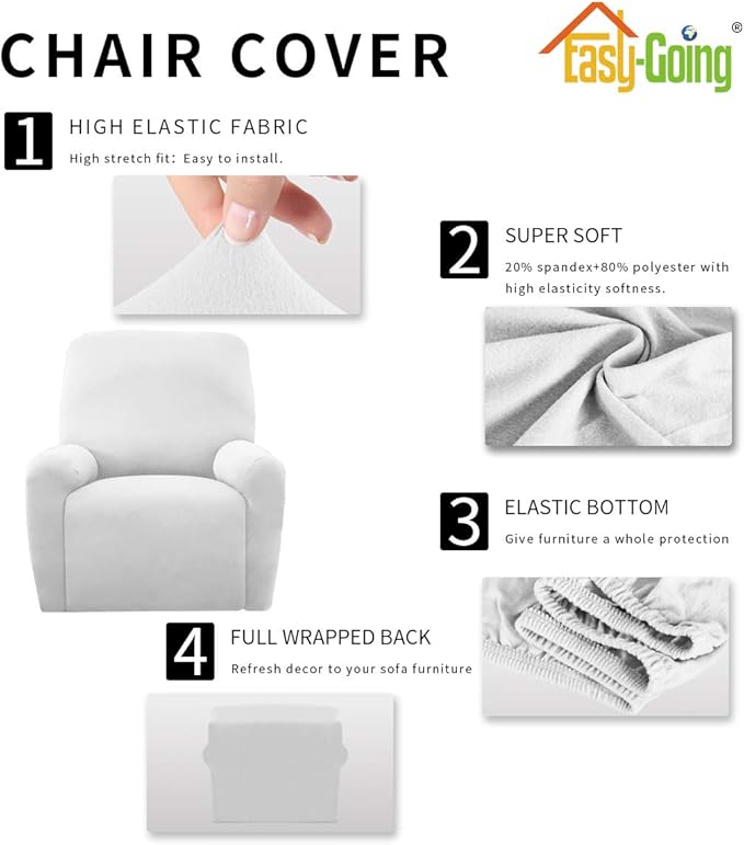 Easy-Going 4 Pieces Microfiber Stretch Recliner Slipcover – Spandex Soft Fitted Sofa Couch Cover, Washable Furniture Protector with Elastic Bottom for Kids, Pet(Recliner, Snow White)