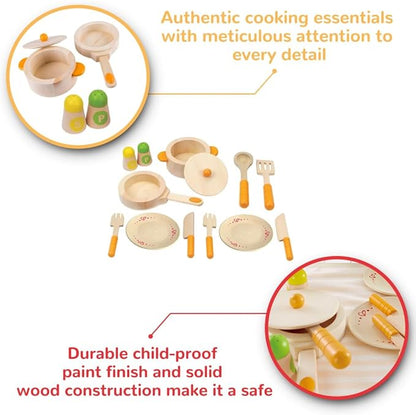 Hape Gourmet Play Kitchen Starter Accessories Wooden Play Set| 13 PCs Pretend Cookware Plates Dishes Play Kitchen Sets for Kids