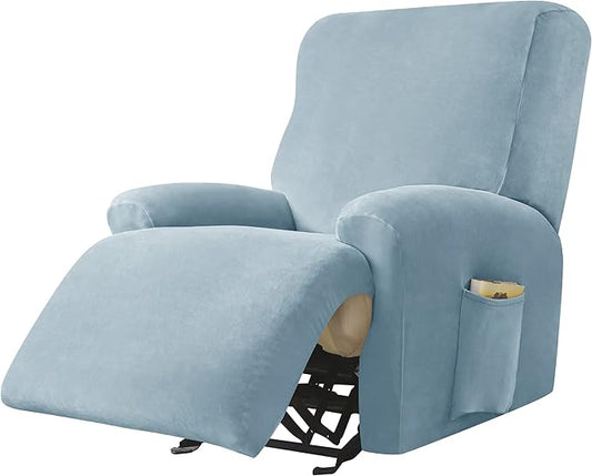 OBCREAT High Stretch Recliner Chair Cover Soft Velvet Recliner Slipcovers 4 Pieces Lazy Boy Recliner Couch Covers Plush Furniture Protector for Kids Pets (Light Blue)