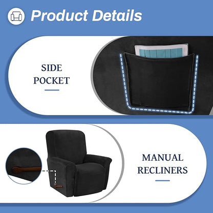 WEERRW Velvet High Stretch Recliner Chair Cover 1 Piece Recliner Couch Cover, Washable Furniture Protector with Non Slip Elastic Bottom for Kids and Pets, Black