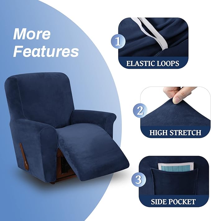 WEERRW Velvet High Stretch Recliner Chair Cover 1 Piece Recliner Couch Cover, Washable Furniture Protector with Non Slip Elastic Bottom for Kids and Pets, Navy Blue
