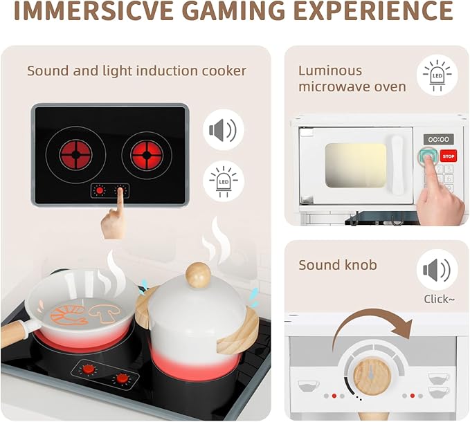 Kids Kitchen Playset with Garbage Classification, Wooden Pretend Play Kitchen with Sound and Light, Kitchen Set for Kids Equipped with Blackboard, Worldmap ect., Gift for Boys and Girls Aged 3+