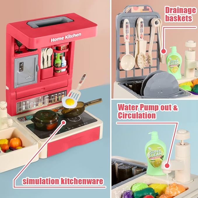 Kitchen Play Set for Kids - 49PCS Pretend Cooking Playset Accessories with Pot and Pan,Dish Rack,Play Sink,Pretend Play Food Toys with Baby&Toddler-Educational Gift for 3 4 5 6 Ages Girls&Boys