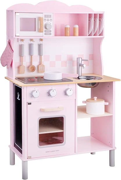 New Classic Toys Wooden Pretend Toy Kitchen for Kids Role Play Included Accessoires Pink Colored - Makes Sound