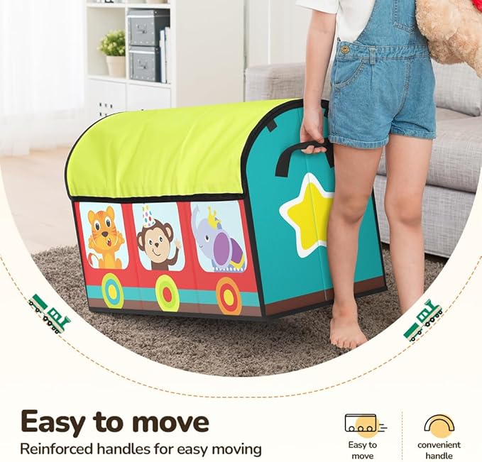YOHOOLYO Toy Storage Organizer for Kids, 28.3x12.6x17.3 Large Sturdy Flip-Top Toy Box with Fabric Lid & Handles, Cute Train Design Toy Chest Bin Box Baskets for Playroom, Nursery, Boys, Girls