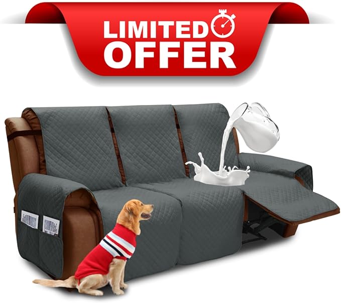 XINEAGE Water Resistant Recliner Cover, 3 seat Recliner Sofa Covers with Pockets, Quilted Thick Recliner Protector Cover for Dog Pets with Non Slip Backing and Strap (Recliner Sofa, Dark Gray)