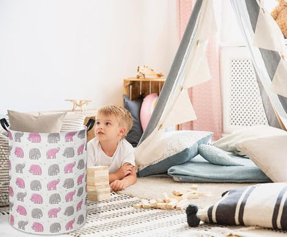 Elephant Baby Laundry Basket Pink Girls Hamper Elephant Toy Storage Bin for Girls Room Decor Baby Nursery Hamper Gift Baskets for Bedroom Bathroom(Line Elephant)