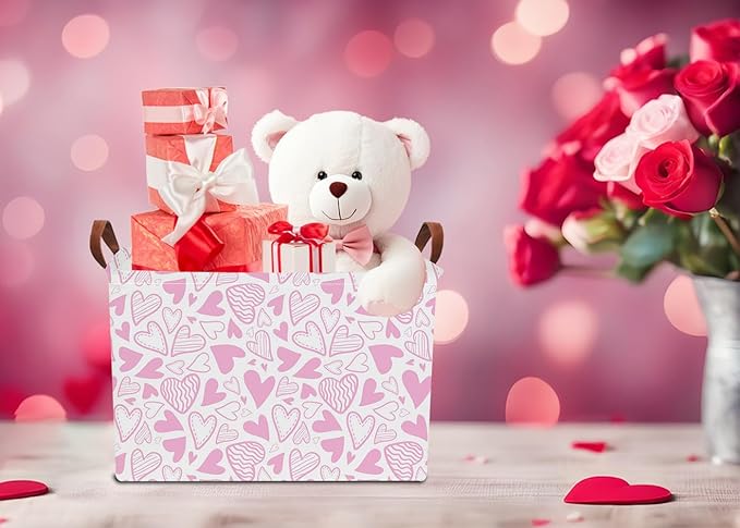 NTAOHAMPER Rectangular Pink Basket Empty, Fabric Storage Basket with Handles, Books Box,Lovely Storage Bin,Room Decor,Gift Basket for Girls(Pink Heart)