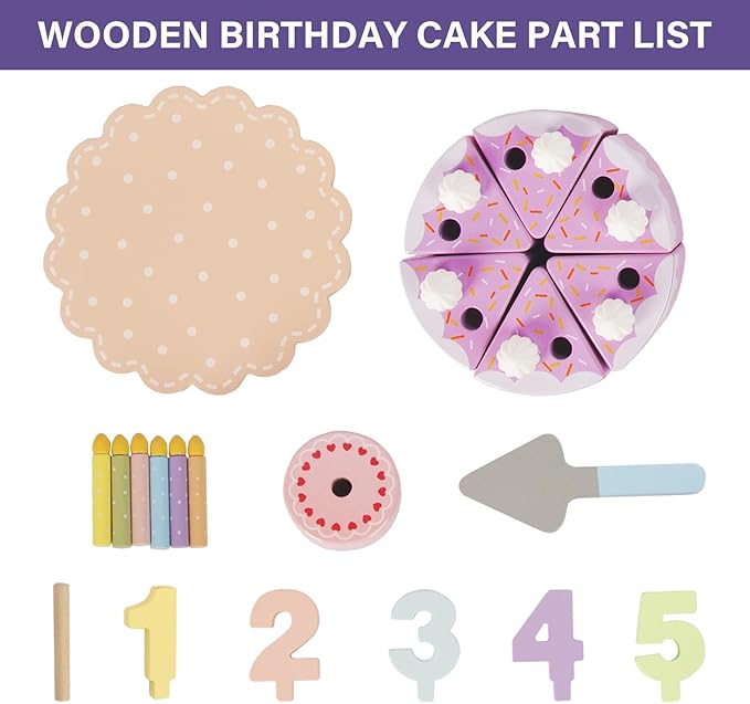 Pretend Play Food for Toddlers 1-3,Wooden Birthday Fake Cake with Candles and Numbers,Tea Party Learning Kitchen Gift Toys for Boys Girls (Cream Cake)