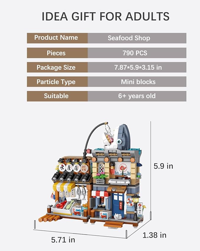 Japanese City Street View Seafood Store Building Blocks Set, Aquatic Products Shop MOC Creative House, Simulation Architecture Construction Toy, Gifts Idea for Kids Adults (Mini Blocks 790 pcs)