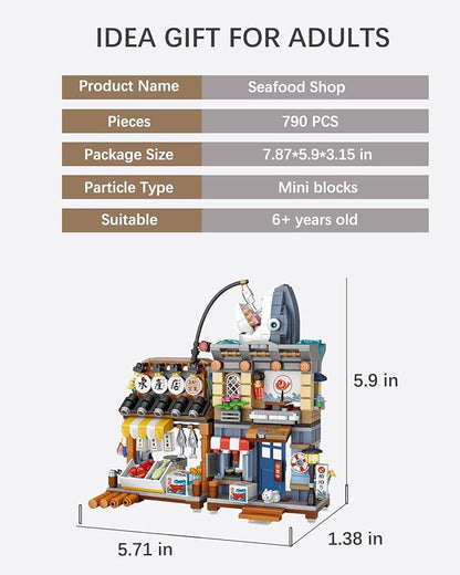 Japanese City Street View Seafood Store Building Blocks Set, Aquatic Products Shop MOC Creative House, Simulation Architecture Construction Toy, Gifts Idea for Kids Adults (Mini Blocks 790 pcs)