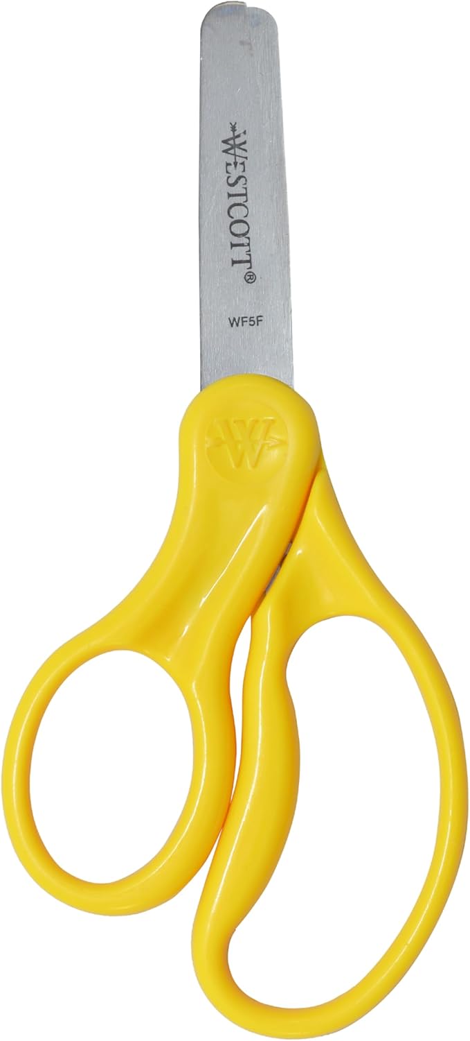 Westcott 13594 Left-Handed Scissors, Hard Handle Kids' Scissors, Ages 4-8, 5-Inch Blunt Tip, Color Varies