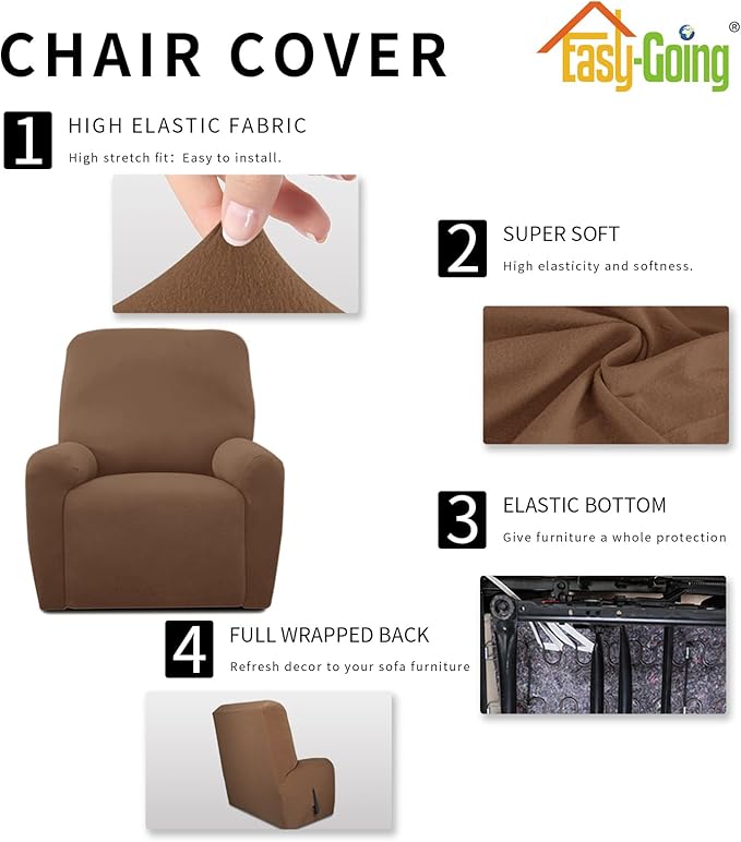 Easy-Going 4 Pieces Microfiber Stretch Recliner Slipcover – Spandex Soft Fitted Sofa Couch Cover, Washable Furniture Protector with Elastic Bottom for Kids, Pet(Recliner, Brown)