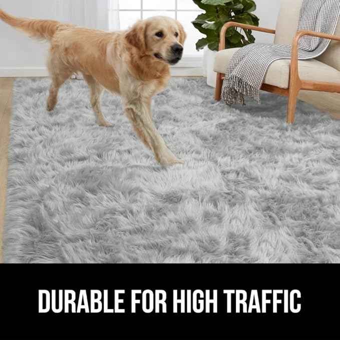 Gorilla Grip Fluffy Faux Fur Rug, Machine Washable Soft Furry Area Rugs, Rubber Backing, Plush Floor Carpets for Baby Nursery, Bedroom, Living Room Shag Carpet, Luxury Home Decor, 5x7, Light Gray