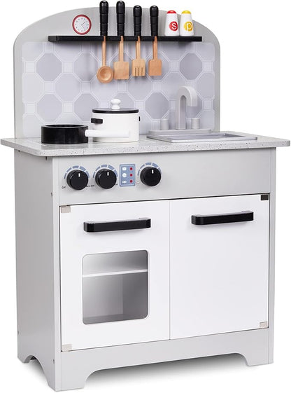 Lil' Jumbl Kids Pretend Kitchen Playset, Pretend Wooden Play Kitchen Toy, Realistic Setup, Includes Pot & Pan, 4 Utensils, Salt & Pepper Shaker, Gray