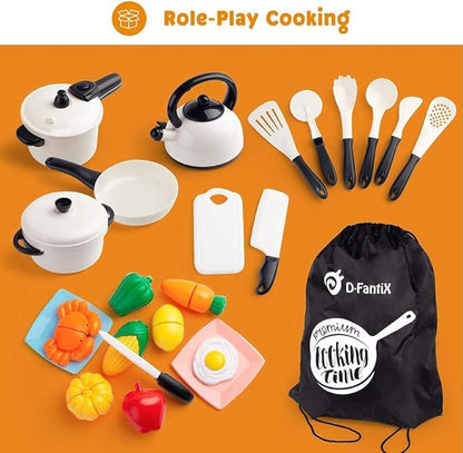 D-FantiX Kids Pretend Play Kitchen Accessories Set, Toddlers Pots and Pans Cookware Playset, Kids Cooking Toys with Utensils, Knife, Cutting Food Kitchen Playset for Girls and Boys Age 2 3 4 5 6 7