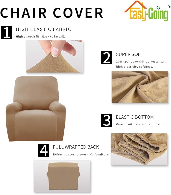 Easy-Going 4 Pieces Microfiber Stretch Recliner Slipcover – Spandex Soft Fitted Sofa Couch Cover, Washable Furniture Protector with Elastic Bottom for Kids, Pet(Recliner, Camel)