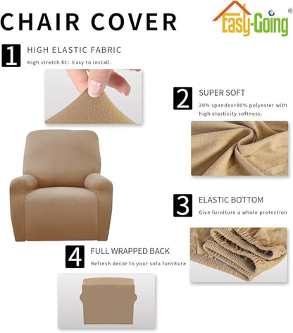 Easy-Going 4 Pieces Microfiber Stretch Recliner Slipcover – Spandex Soft Fitted Sofa Couch Cover, Washable Furniture Protector with Elastic Bottom for Kids, Pet(Recliner, Camel)