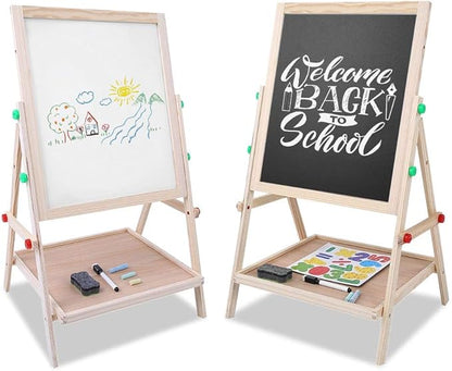 2-in-1 Easel for Kids, Height Adjustable Double Sided Art Painting Activity Easel Standing Wooden Dry Erase Board with Whiteboard Chalkboard for Toddlers Boys Girls
