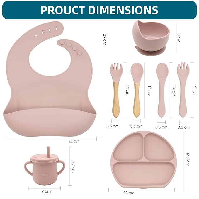 100% Silicone Baby Feeding Set,BPA Free Baby Dishes Set with Suction Bowl Divided Plate,Toddler Self Feeding Dish Set with Spoons Forks Sippy Cup and Bib, Baby Eating Utensils (Pink)