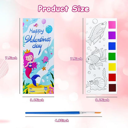 JUNQIU 24 Pack Valentines Day Cards For Kids School, Watercolor Coloring Book Set, Valentines Day Gifts For Kids Classroom Exchange, Paint Party Favors Valentines Crafts