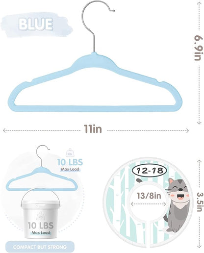 Baby Hangers, VIS'V 11 Inch Blue Velvet Kids Hangers with 6 Pcs Size Dividers Non Slip Nursery Children Closet Clothes Hangers for Infant Toddler Girls and Boys 50 Pcs