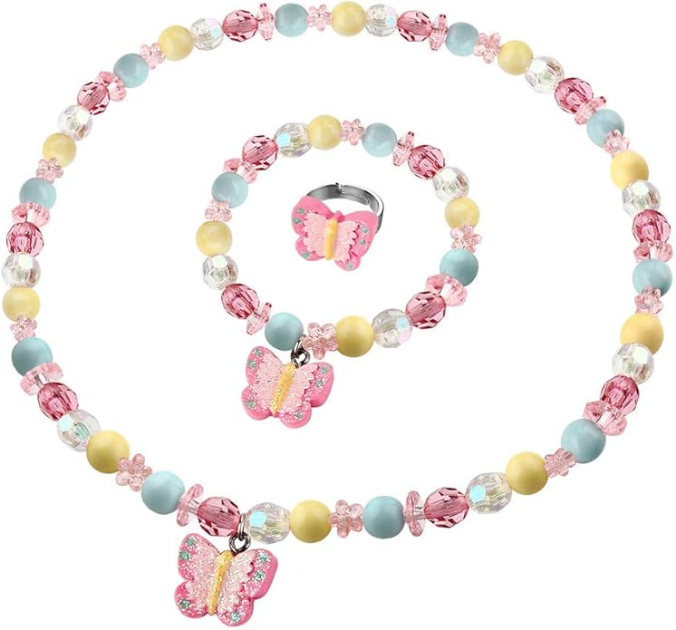 Butterfly Stretch Necklace Little Girl Toddler Necklace Bracelet Set, Little Princess Jewelry Kids Play Necklaces Butterfly Rings for Kids
