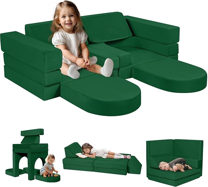 MeMoreCool 10-Piece Modular Kids Play Couch, Convertible Foam Climbing Sofa for Playroom & Reading Corner, Forest Green Kids Furniture Set