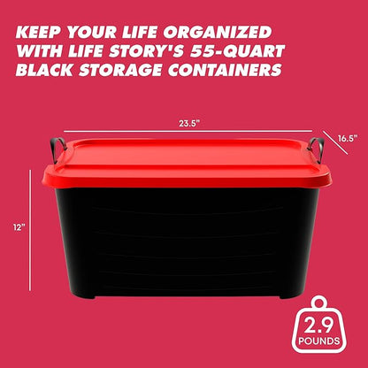Life Story 6 Pack Heavy Duty Stackable Storage Bin, 55 Quart Home Organizer, Versatile Lightweight Locking Bins with Carrying Handles, Black/Red