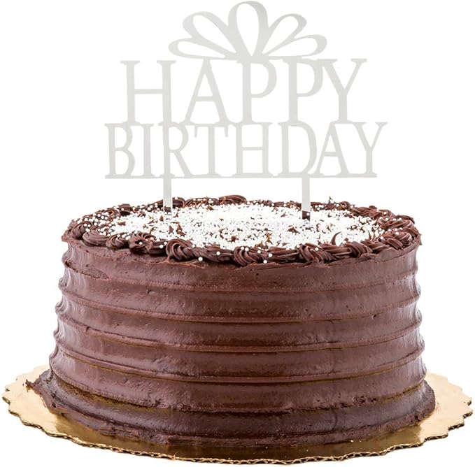 Restaurantware Top Cake 6 x 5.8 Inch Happy Birthday Cake Topper 1 Mirrored Birthday Cake Decoration - With Bow Durable Silver Acrylic Birthday Topper For Dessert And Party Decorations