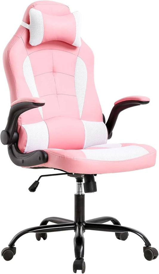 Gaming Chair Office Chair Desk Chair with Lumbar Support Flip Up Arms Headrest Swivel Rolling Adjustable PU Leather Racing Computer Chair for Girls,Pink