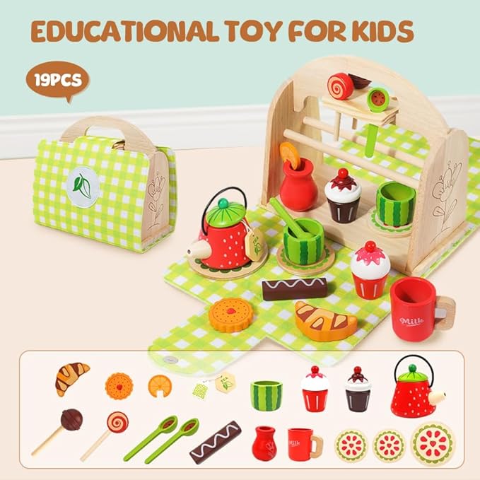 Wooden Tea Party Set for Toddler - Wooden Tea Set Pretend Role Play Kitchen Toy with Carrying Case, 3-5 Year Old Kids Girls Boys Birthday
