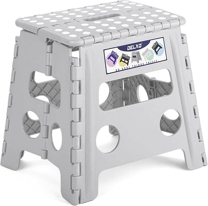 Delxo Folding Step Stool, 13 inch Non-Slip Foldable Stools for Kids & Adults Up to 300 LBS, Step Stool with Handle, Lightweight for Kitchen, Bathroom, Bedroom, Garden, Grey, 1PC