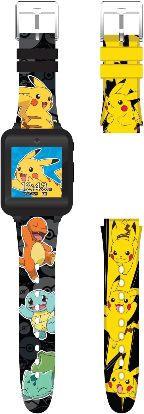 Accutime Pokémon Interactive Kids Smartwatch with Touchscreen, Interchangeable Pikachu & Friends Straps, Built-in Camera, Games, Alarm, Stopwatch, Calculator, and 10 Watch Faces - Fits Wrists 5.5"-8"