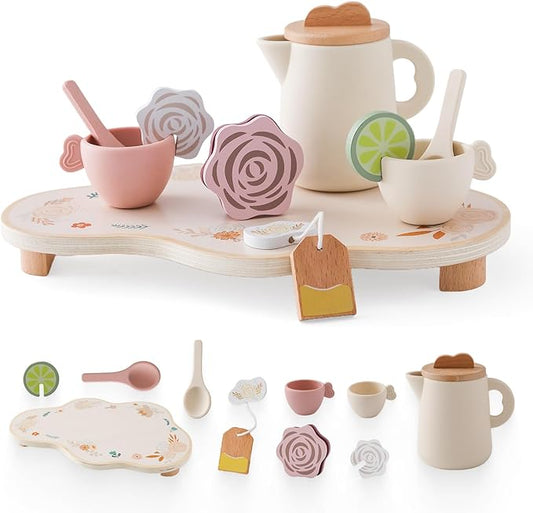 Tea Party Set for Little Girls, Silicone & Wooden Tea Set for Toddler with Silicone Teapot Cups Carrying Tray Scoop, Pretend Play Accessories Kids Kitchen Wooden Toys for 3 4 5 6 Year Old (Pink)