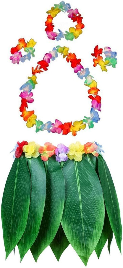 Fortuning's JDS Boys Girls Hawaiian Flowers Leaf Grass Skirts Garland Costume Set Beach Party Favors