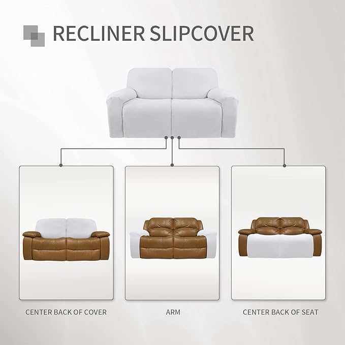 Easy-Going Oversized 6 Pieces Microfiber Stretch Sectional Recliner Loveseat Sofa Slipcover Soft Fitted Fleece 2 Seats Couch Cover Washable Furniture Protector with Elasticity for Kids Pet Snow White