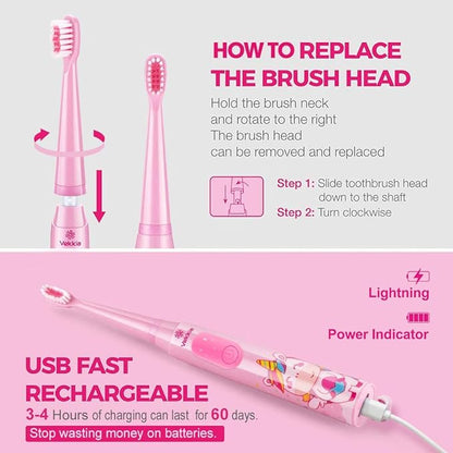 Vekkia Sonic Rechargeable Kids Electric Toothbrush, 3 Modes with Memory, Fun & Easy Cleaning, 24000 Strokes, IPX7 Waterproof, 2-Min Timer for Age 5+, 4 Soft Bristles(Pink)