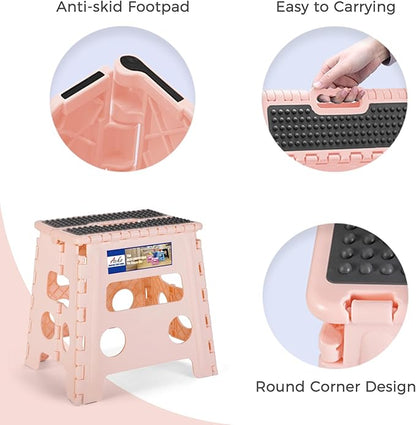 ACKO 10pack Folding Step Stool 13 Inch Stool Heavy Duty Plastic Foldable Step Stools for Kids, Stepping Stool with Handle, Folding Stool Suitable for Kitchen Hold Up to 300 LB (Sakura Pink)