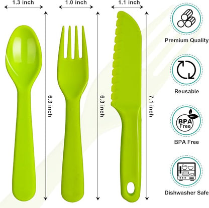 Jawbush 12Pcs Kids Cutlery Set, Plastic Toddler Utensils Forks and Spoons with Serrated Nylon Knives for School Lunch Box or Travel with Bright Colors, Reusable Kids Silverware Set also for Adults