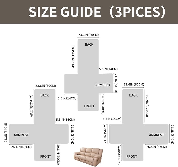 Easehomey Waterproof Recliner Sofa Cover,Non-Slip Reclining Sofa Covers for 3 Seat,Washable Reclining Sofa Cover Furniture Protector with Elastic Straps Pocket for Kids, Pets(Taupe,3Seat)