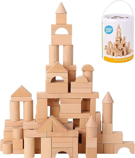 Pidoko Kids Wooden Blocks - 100 Pcs - Building Blocks for Toddlers - Includes Storage Container with Shape Sorter Lid - Natural Beech Wood Blocks - Preschool Learning Toys Stacking Block