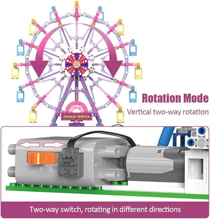 Rotating Ferris Wheel Building Blocks Kit,with Lights Amusement Park Building Construction Toys Set for 6+ Year Boys.Girls.Adult(870 Pieces) Pink