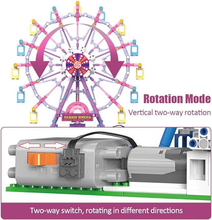 Rotating Ferris Wheel Building Blocks Kit,with Lights Amusement Park Building Construction Toys Set for 6+ Year Boys.Girls.Adult(870 Pieces) Pink